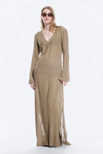 Sheer Long-Sleeved V-Neck Maxi Dress – Beige
