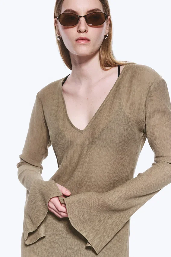 Sheer Long-Sleeved V-Neck Maxi Dress – Beige Sheer Long-Sleeved V-Neck Maxi Dress – Beige