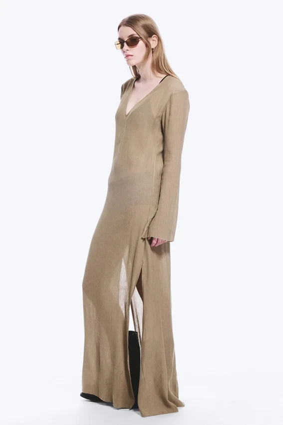 Sheer Long-Sleeved V-Neck Maxi Dress – Beige Sheer Long-Sleeved V-Neck Maxi Dress – Beige