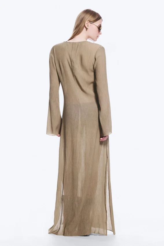 Sheer Long-Sleeved V-Neck Maxi Dress – Beige Sheer Long-Sleeved V-Neck Maxi Dress – Beige