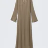 Sheer Long-Sleeved V-Neck Maxi Dress – Beige Sheer Long-Sleeved V-Neck Maxi Dress – Beige