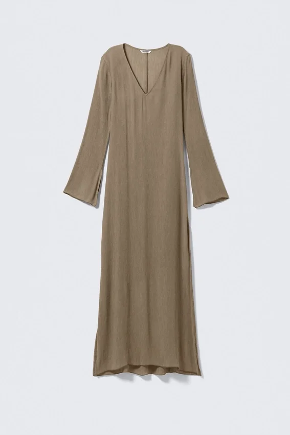 Sheer Long-Sleeved V-Neck Maxi Dress – Beige Sheer Long-Sleeved V-Neck Maxi Dress – Beige