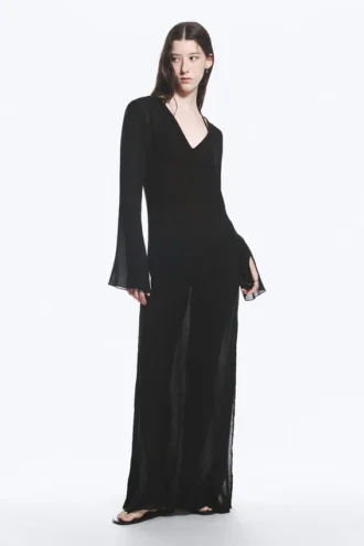Sheer Long-Sleeved V-Neck Maxi Dress – Black