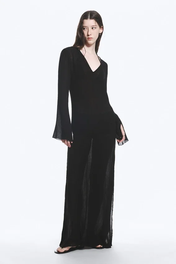 Sheer Long-Sleeved V-Neck Maxi Dress – Black Sheer Long-Sleeved V-Neck Maxi Dress – Black