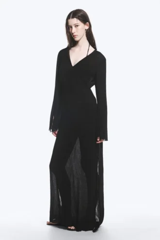 Sheer Long-Sleeved V-Neck Maxi Dress – Black