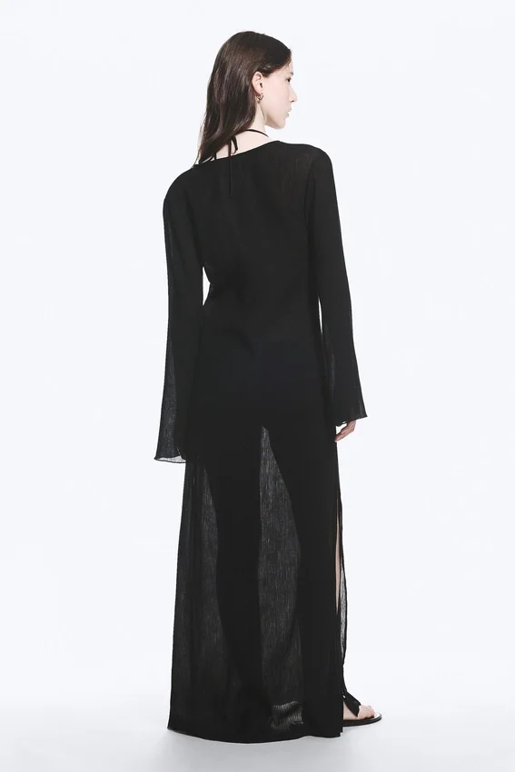 Sheer Long-Sleeved V-Neck Maxi Dress – Black Sheer Long-Sleeved V-Neck Maxi Dress – Black