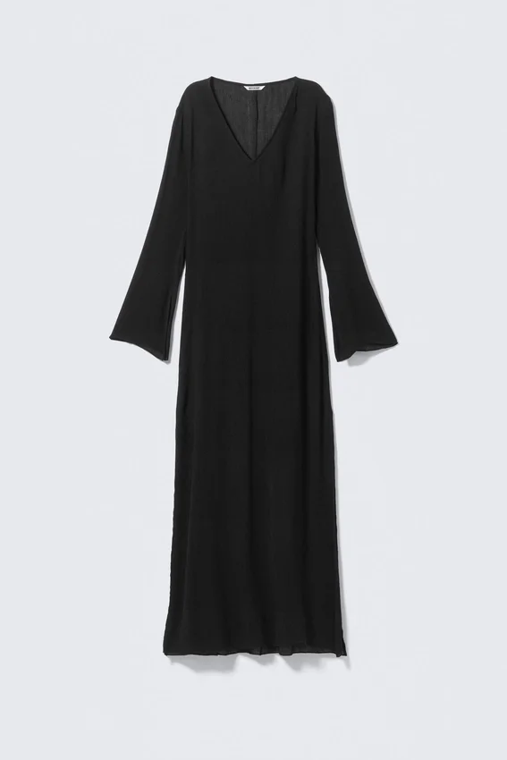 Sheer Long-Sleeved V-Neck Maxi Dress – Black Sheer Long-Sleeved V-Neck Maxi Dress – Black
