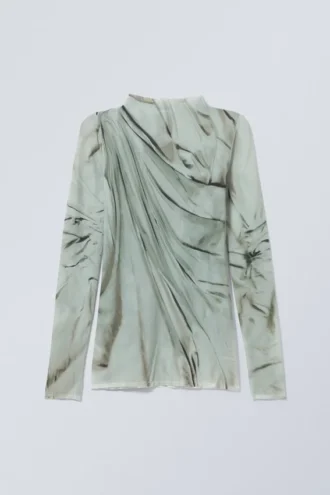 Sheer Mockneck Long Sleeve Top – Green Trompe L’oeil Draping