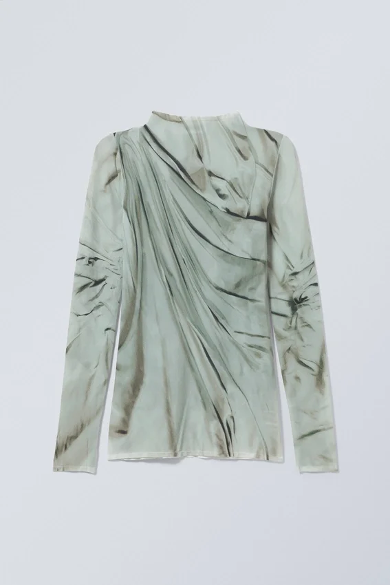 Sheer Mockneck Long Sleeve Top – Green Trompe L’oeil Draping Sheer Mockneck Long Sleeve Top – Green Trompe L’oeil Draping