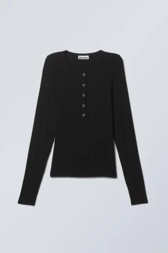 Sheer Rib Long Sleeve Henley Top – Black