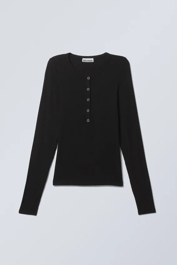 Sheer Rib Long Sleeve Henley Top – Black Sheer Rib Long Sleeve Henley Top – Black