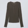 Sheer Rib Long Sleeve Henley Top – Dark Brown Sheer Rib Long Sleeve Henley Top – Dark Brown