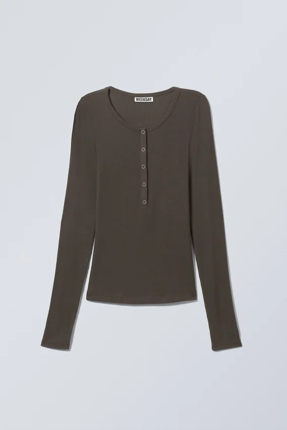 Sheer Rib Long Sleeve Henley Top – Dark Brown Sheer Rib Long Sleeve Henley Top – Dark Brown