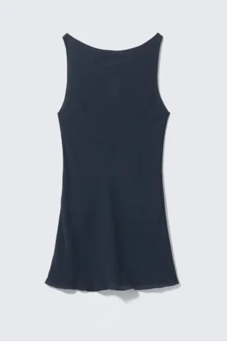Sheer Sleeveless Boat-Neck Mini Dress – Dark Blue