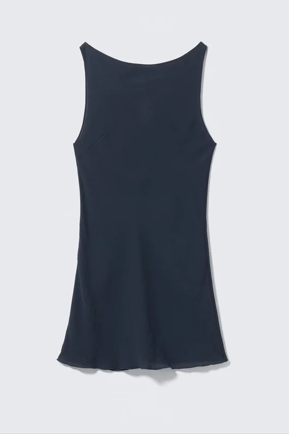 Sheer Sleeveless Boat-Neck Mini Dress – Dark Blue Sheer Sleeveless Boat-Neck Mini Dress – Dark Blue