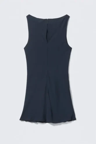 Sheer Sleeveless Boat-Neck Mini Dress – Dark Blue