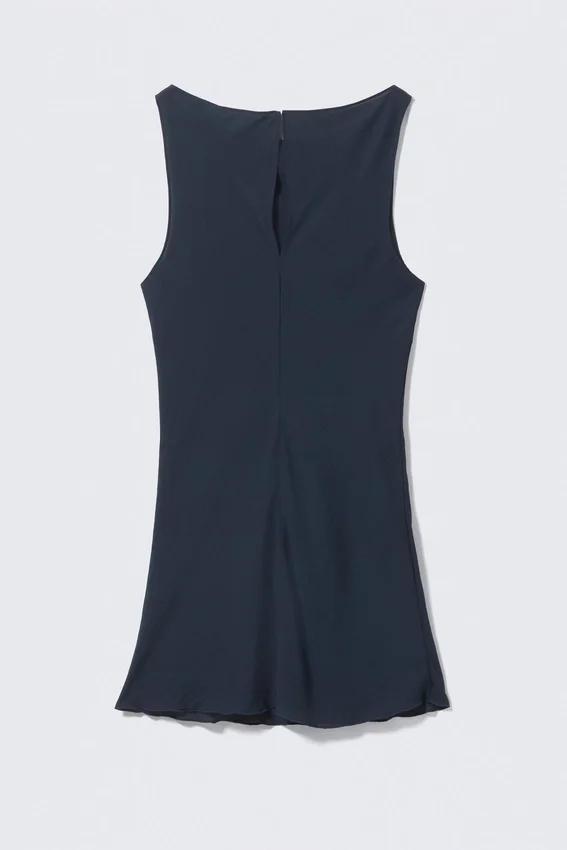 Sheer Sleeveless Boat-Neck Mini Dress – Dark Blue Sheer Sleeveless Boat-Neck Mini Dress – Dark Blue