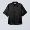 Shiny Short Sleeve Satin Shirt – Black Shiny Short Sleeve Satin Shirt – Black
