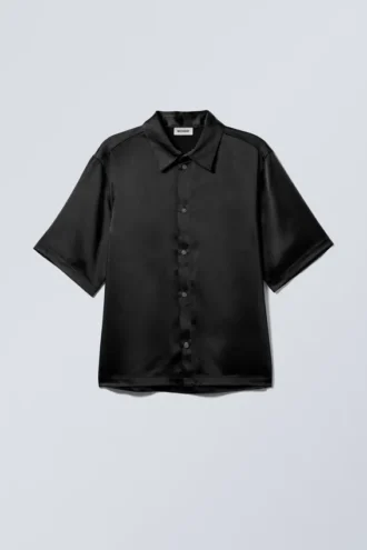 Shiny Short Sleeve Satin Shirt – Black Shiny Short Sleeve Satin Shirt – Black