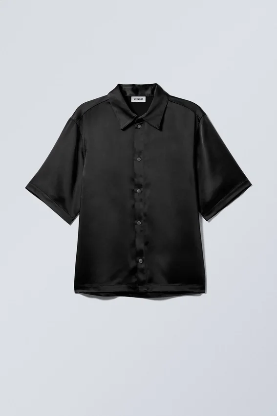Shiny Short Sleeve Satin Shirt – Black Shiny Short Sleeve Satin Shirt – Black