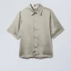 Shiny Short Sleeve Satin Shirt – Light Dusty Green Shiny Short Sleeve Satin Shirt – Light Dusty Green