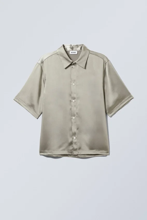 Shiny Short Sleeve Satin Shirt – Light Dusty Green Shiny Short Sleeve Satin Shirt – Light Dusty Green