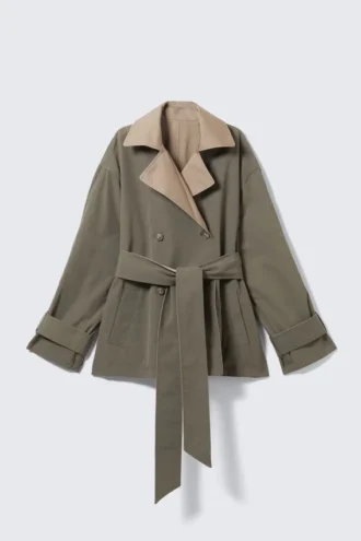 Short Double-Breasted Reversible Trench Coat – Beige & Khaki Green