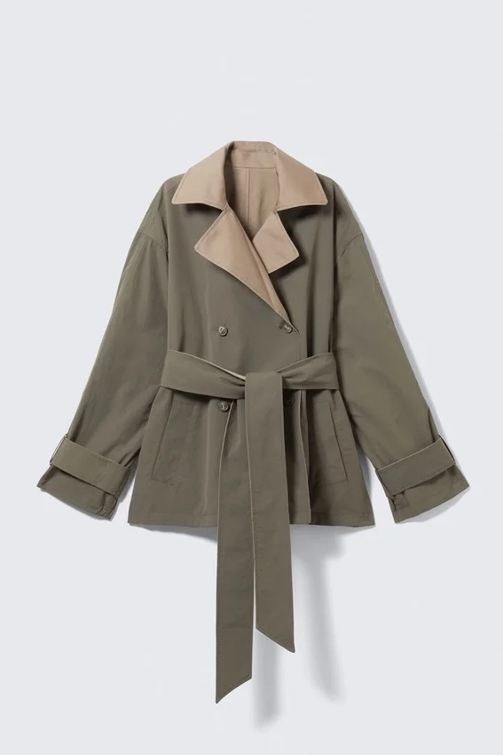 Short Double-Breasted Reversible Trench Coat – Beige & Khaki Green Short Double-Breasted Reversible Trench Coat – Beige & Khaki Green