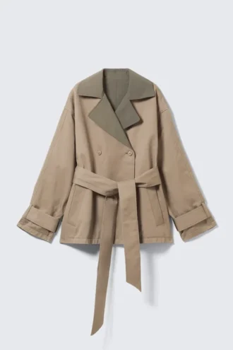 Short Double-Breasted Reversible Trench Coat – Beige & Khaki Green