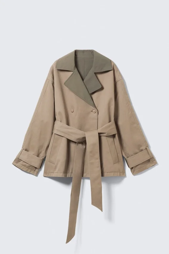 Short Double-Breasted Reversible Trench Coat – Beige & Khaki Green Short Double-Breasted Reversible Trench Coat – Beige & Khaki Green
