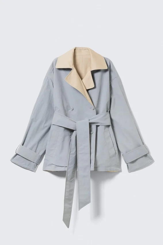 Short Double-Breasted Reversible Trench Coat – Beige & Light Grey Short Double-Breasted Reversible Trench Coat – Beige & Light Grey