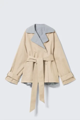 Short Double-Breasted Reversible Trench Coat – Beige & Light Grey
