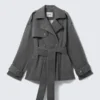Short Double-Breasted Washed Trench Coat – Dark Grey Short Double-Breasted Washed Trench Coat – Dark Grey