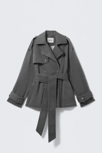 Short Double-Breasted Washed Trench Coat – Dark Grey