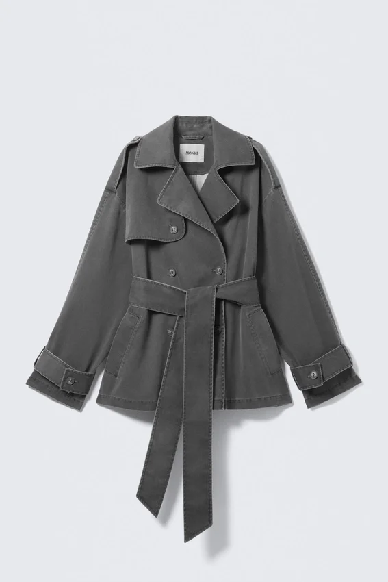 Short Double-Breasted Washed Trench Coat – Dark Grey Short Double-Breasted Washed Trench Coat – Dark Grey