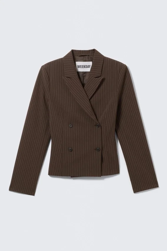 Short Fitted Blazer – Dark Brown – Pinstripe Short Fitted Blazer – Dark Brown – Pinstripe