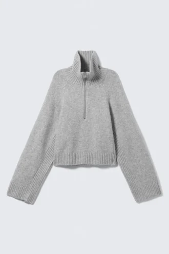 Short Half-Zip Knitted Sweater – Dusty Light Grey Melange