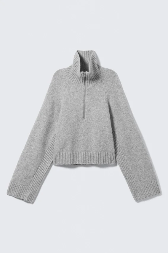 Short Half-Zip Knitted Sweater – Dusty Light Grey Melange Short Half-Zip Knitted Sweater – Dusty Light Grey Melange