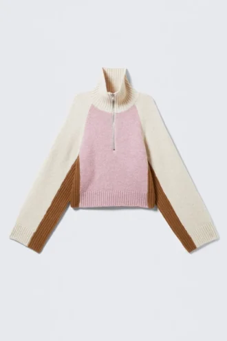 Short Half-Zip Knitted Sweater – Dusty Pink & Cream White