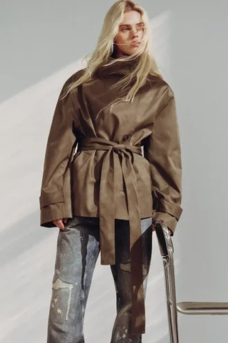 Short Oversized Funnel Neck Trench Coat – Dusty Grey