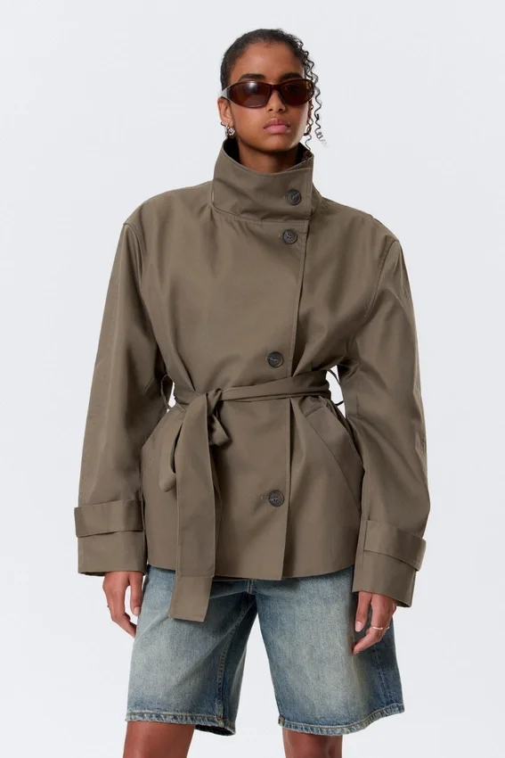 Short Oversized Funnel Neck Trench Coat – Dusty Grey Short Oversized Funnel Neck Trench Coat – Dusty Grey