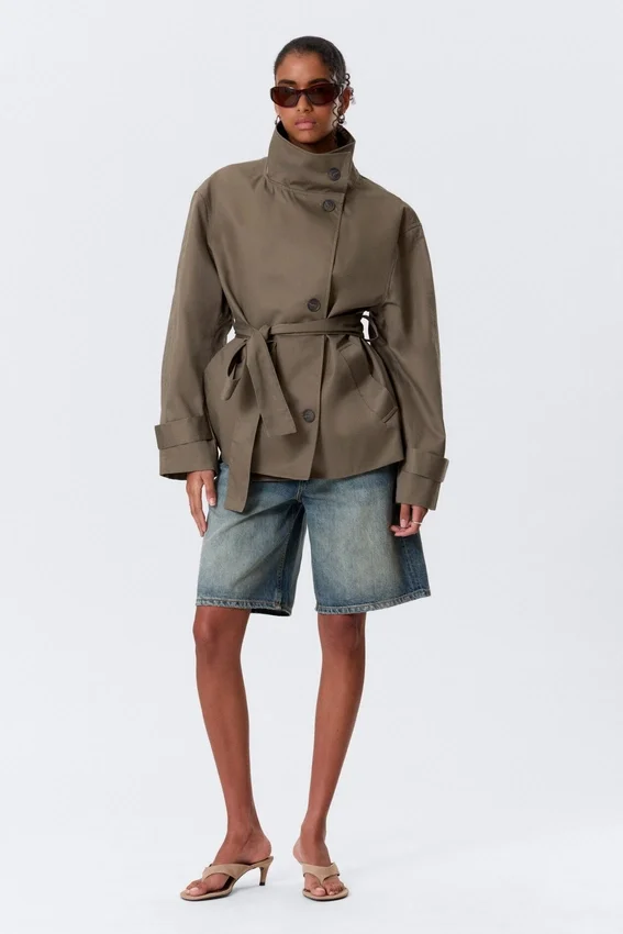 Short Oversized Funnel Neck Trench Coat – Dusty Grey Short Oversized Funnel Neck Trench Coat – Dusty Grey