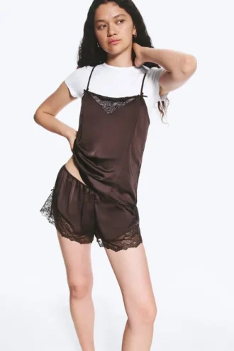 Short Satin Lace Shorts – Dark Brown