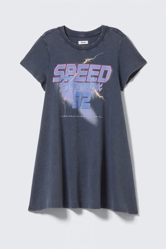 Short-Sleeved A-Line Tee Dress – Washed Blue – Speed Paradox Short-Sleeved A-Line Tee Dress – Washed Blue – Speed Paradox