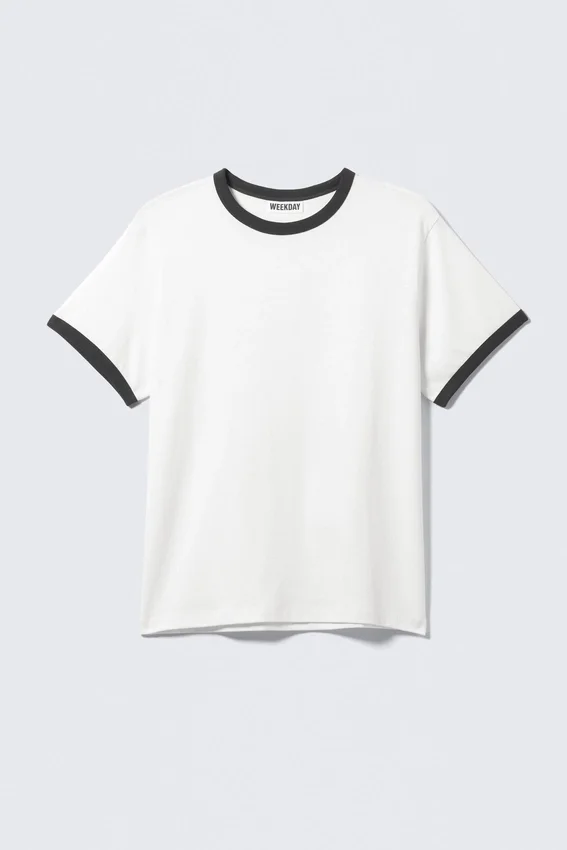 Short-Sleeved Contrast Trim Cotton T-Shirt – Black & White Short-Sleeved Contrast Trim Cotton T-Shirt – Black & White