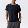 Short-Sleeved Contrast Trim Cotton T-Shirt – Dark Blue – Light Blue Binding Short-Sleeved Contrast Trim Cotton T-Shirt – Dark Blue – Light Blue Binding