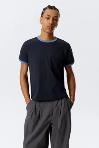 Short-Sleeved Contrast Trim Cotton T-Shirt – Dark Blue – Light Blue Binding