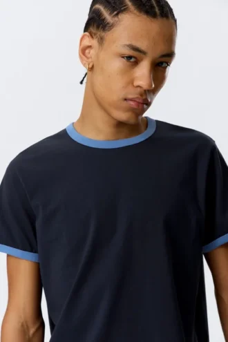 Short-Sleeved Contrast Trim Cotton T-Shirt – Dark Blue – Light Blue Binding