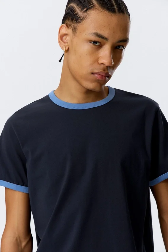 Short-Sleeved Contrast Trim Cotton T-Shirt – Dark Blue – Light Blue Binding Short-Sleeved Contrast Trim Cotton T-Shirt – Dark Blue – Light Blue Binding