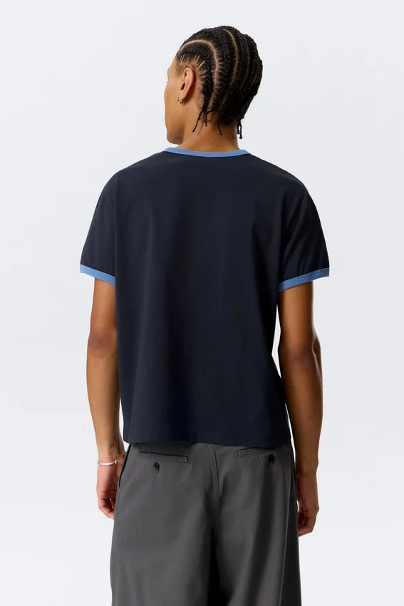 Short-Sleeved Contrast Trim Cotton T-Shirt – Dark Blue – Light Blue Binding Short-Sleeved Contrast Trim Cotton T-Shirt – Dark Blue – Light Blue Binding